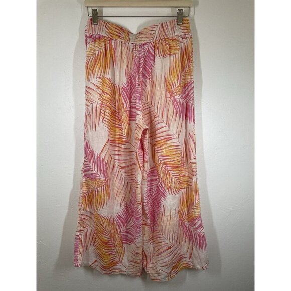 Tahari 100% Linen Cropped Wide Leg Pants M Pink Palm Print Tropical Beach Cruise - Picture 2 of 10